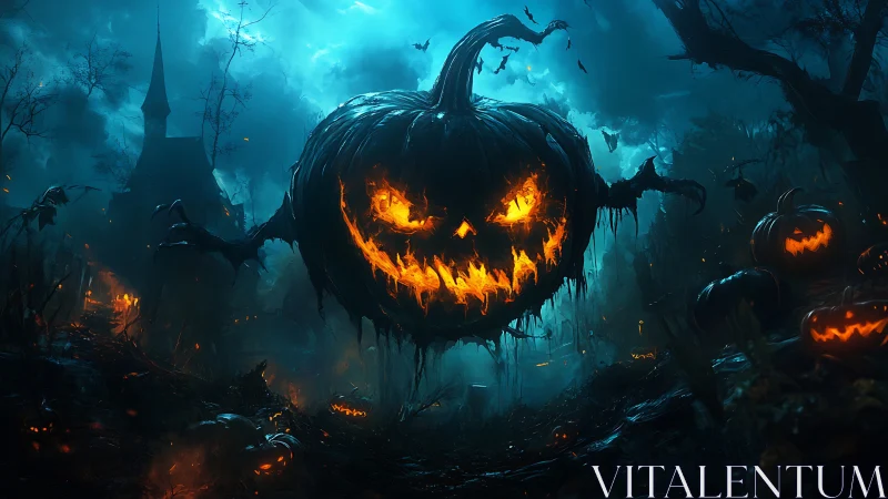 Menacing jack o’ lantern spirit lighting a haunted forest.