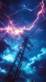 High voltage tower under neon-charged storm sky at night.