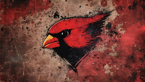 Cardinal head bursts from grunge textured red field