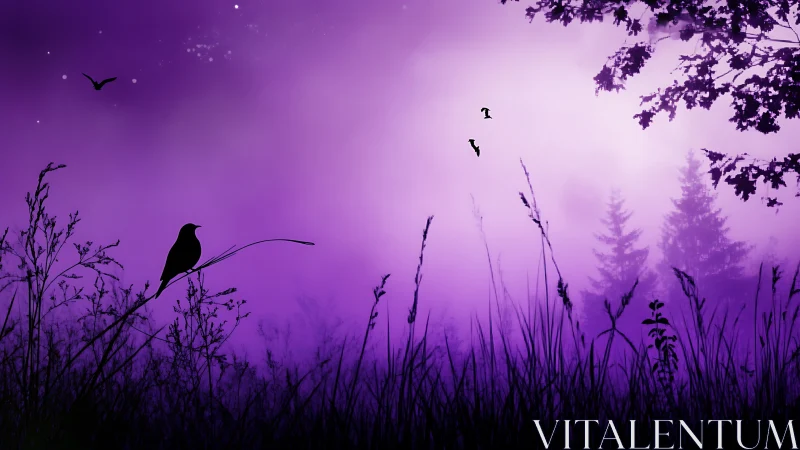 Purple atmospheric forest silhouette with birds in layered fog