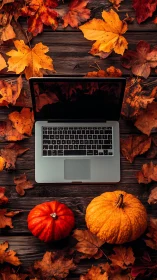 Autumn desktop workspace with laptop, pumpkins and maple leaves.