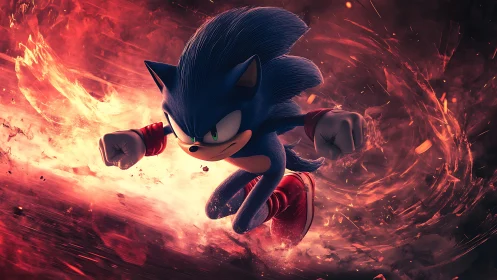 Supersonic blue hedgehog traversing incandescent vortex field.