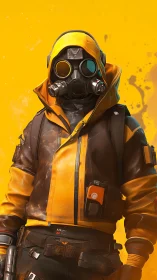 Bold masked wanderer in vivid yellow urban armor stands proud.