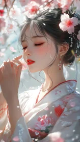 Serene kimono maiden amid luminous cherry blossoms.