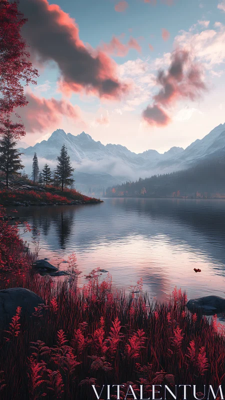 Crimson shoreline frames tranquil alpine lake at dawn.