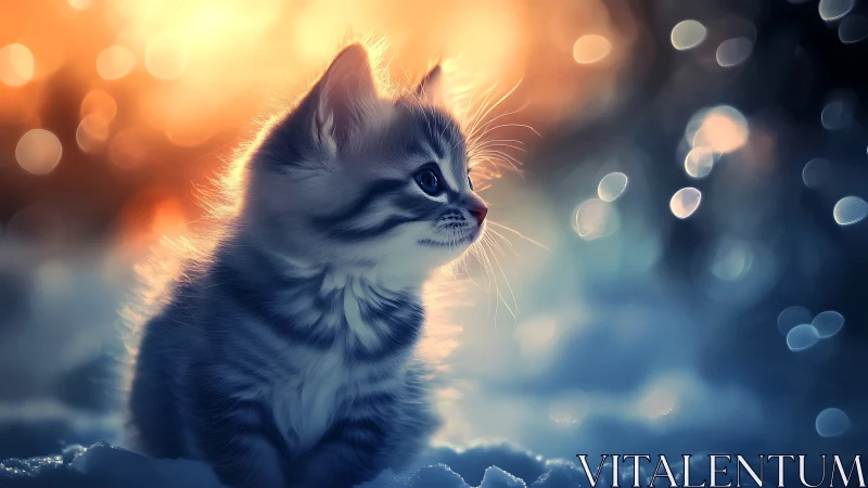 Feline kitten in atmospheric bokeh landscape with luminous backlighting.