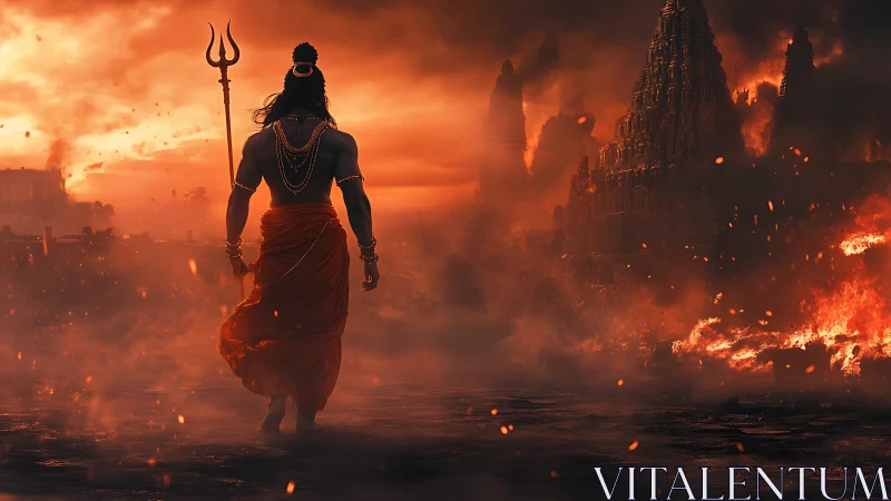 Warrior figure observes burning temple complex at dusk