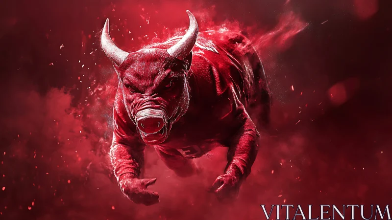 Snarling red bull charges forward in swirling digital haze.