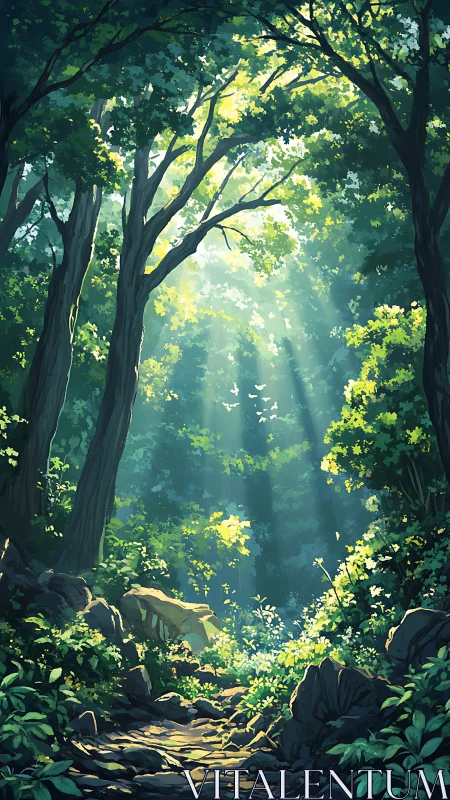 Forest clearing with towering trees, dappled light, and atmospheric perspective