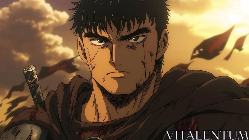 Battle-scarred warrior stares ahead under a burning sky