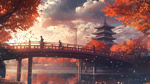 Autumn bridge and pagoda rendered in atmospheric digital painting