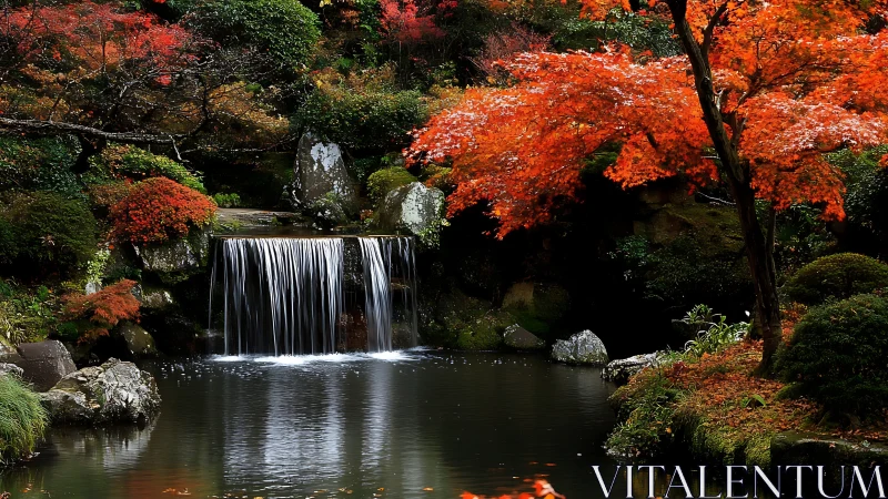 Autumn maple foliage framing tiered garden waterfall and pond
