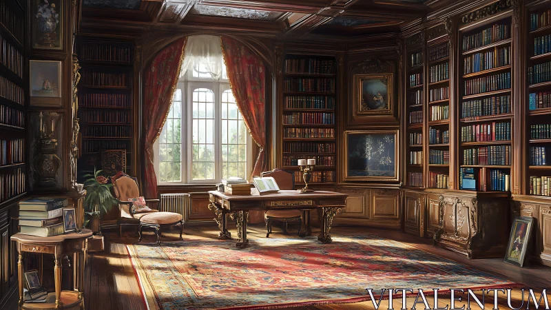 Sunlit classical library surrounds ornate wooden writing desk