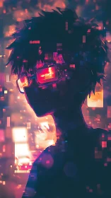 Glowing neon glasses on silhouetted cyberpunk figure.
