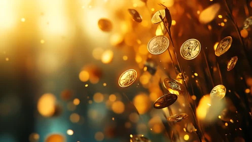 Golden coinfall in a sunset meadow of sparkling fortune.