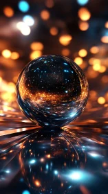 Reflective glass sphere amid bokeh light environment.