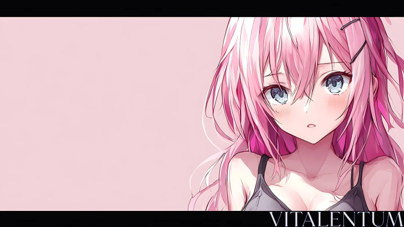 Soft-lit anime portrait shows pink-haired girl with wide eyes
