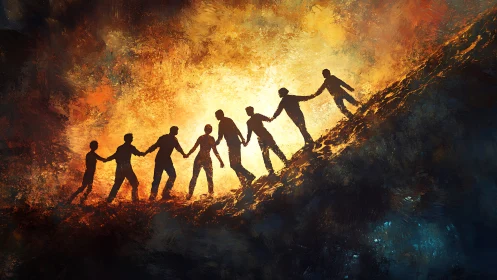 Silhouetted figures climb together toward radiant light.