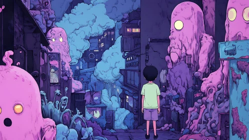 Child confronts bioluminescent ooze forms in neon alleyway scene