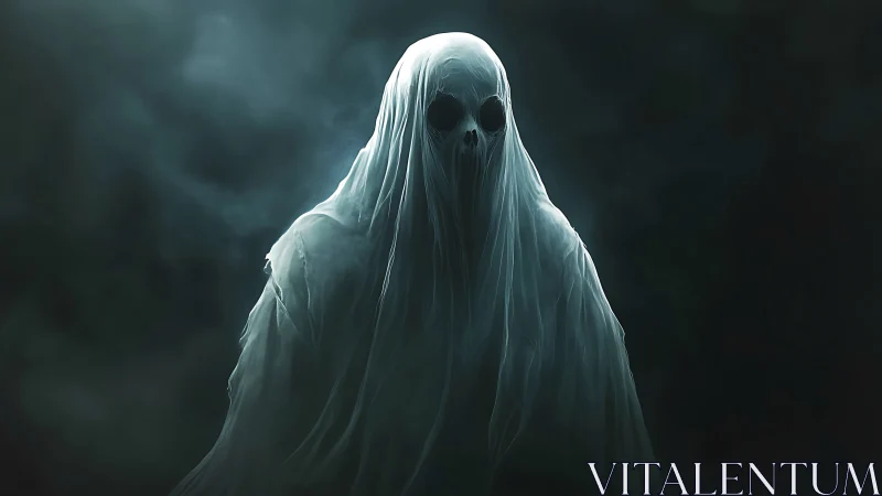 Eerie shrouded ghost drifts forward through deep green mist