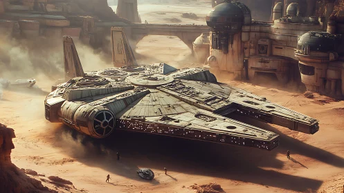Dusty desert starship resting beside worn spaceport walls.