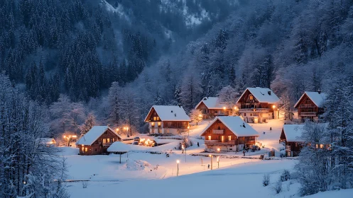 Photorealistic alpine village at dusk with luminous chalets.