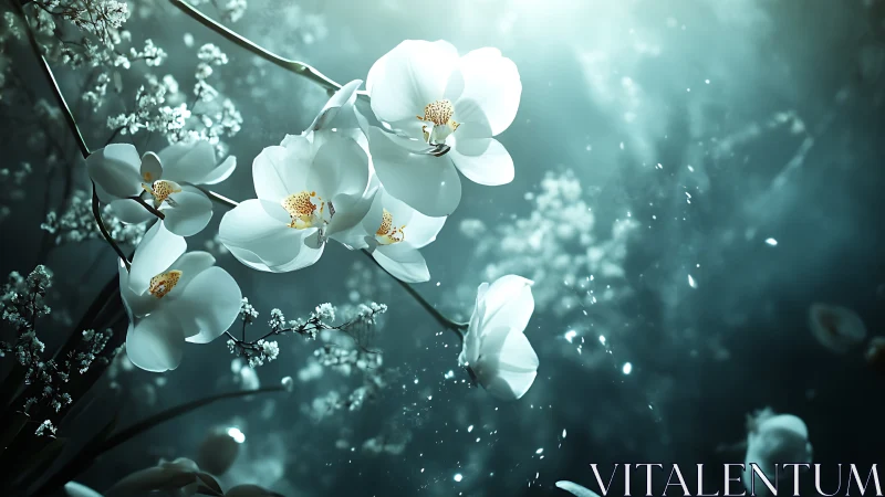 White Phalaenopsis orchids with golden anthers suspended in luminous bokeh