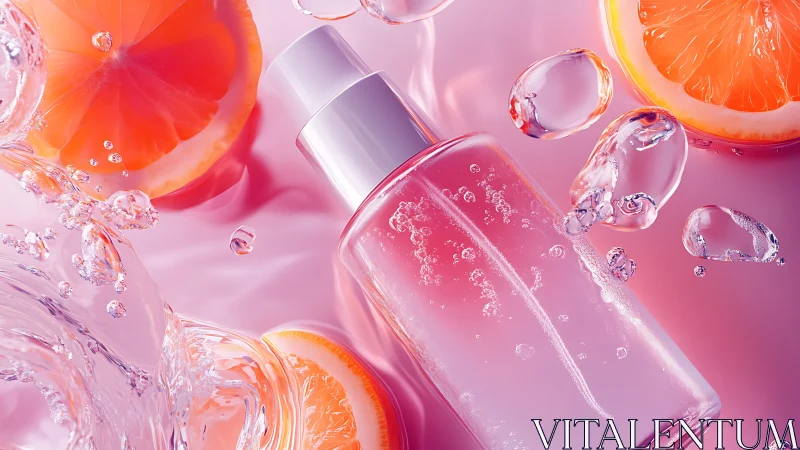 Grapefruit hydration serum bottle with dynamic water splash.