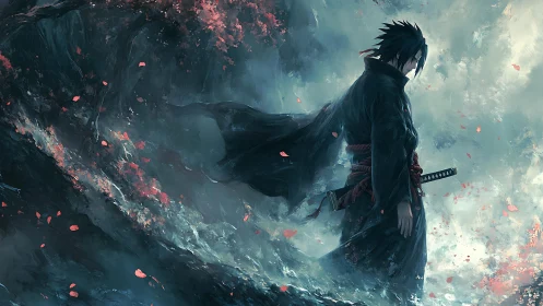 Lone anime swordsman walks through storm of petals and mist