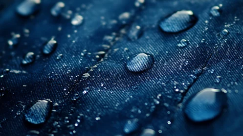 Water droplets on dark blue waterproof textile surface.