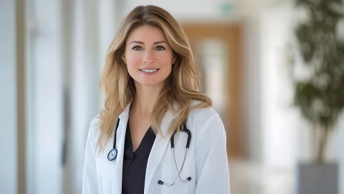 Confident Female Doctor in Modern Hospital Hallway, Natural Light.