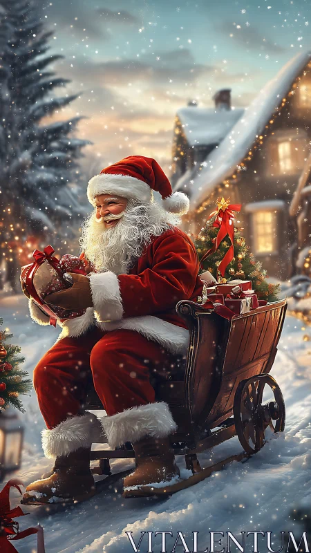 Santa pauses on a snowy lane, sharing quiet Christmas cheer.