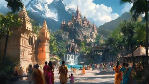 Mountain temple city with riverside gathering scene.