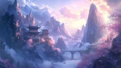 Epic fantasy mountain temple amid luminous pastel sunrise clouds