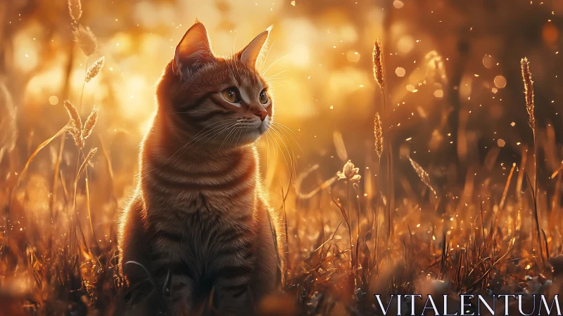 Cat in Golden Wheat Field at Sunset.