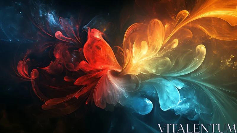 Colorful energy plumes swirl together in a luminous cosmic dance
