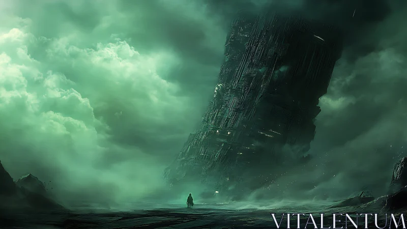 Wanderer Beneath the Fallen Monolith of Emerald Storms.