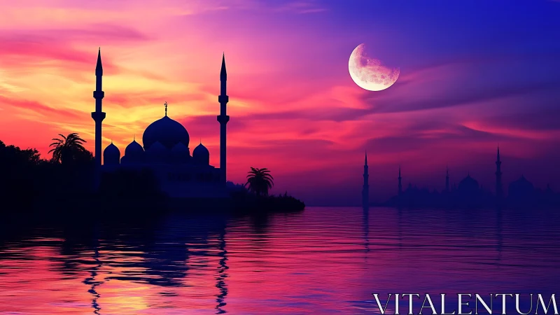 Silhouetted mosque stands by reflective water under crescent moon