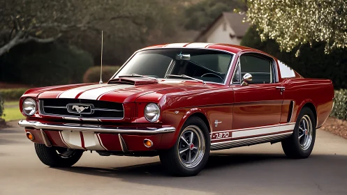 Crimson classic Mustang basking in soft neighborhood light.
