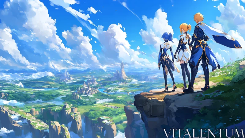 Skybound trio weighs destiny above a painted emerald kingdom