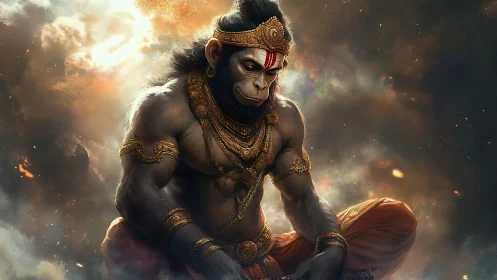 Meditative warrior monkey cloaked in celestial embers.