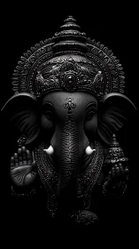 Midnight Ganesha icon carved in shadows and silvered light.