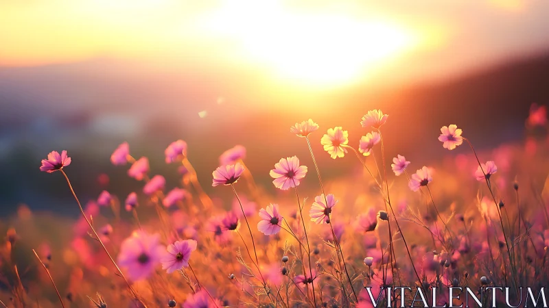 Backlit cosmos wildflowers glow against an intense sunset sky