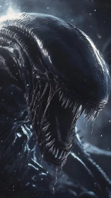 Nocturnal biomech predator roaring under star-slick shadows.