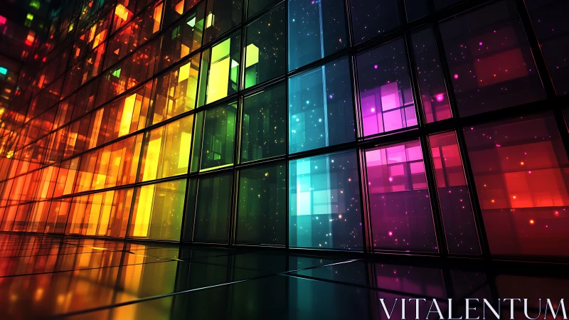 Neon glass grid wall with glowing abstract color bars.