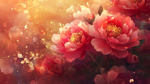 Red peonies with golden light bokeh effects on gradient background.