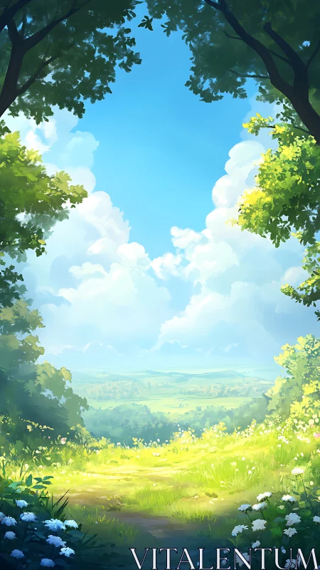 Sunlit forest clearing opens to distant summer valley