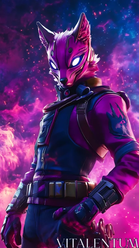 Galactic fox warrior stands boldly in glowing neon stardust