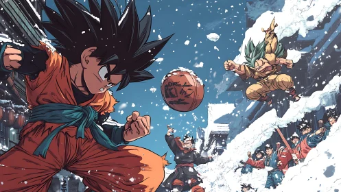 Saiyan street battle ignites snowy village court showdown.