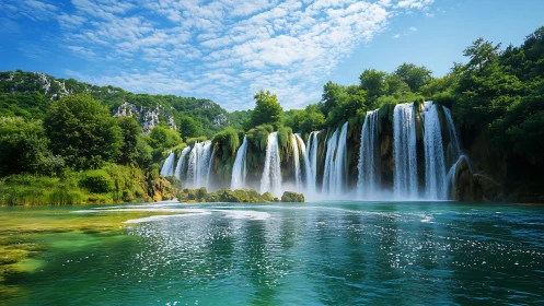 Wide cascading waterfall in lush green river valley landscape.